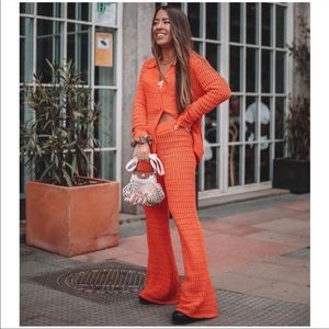NWT Zara 2 Piece Chenille Orange Shirt and Pants